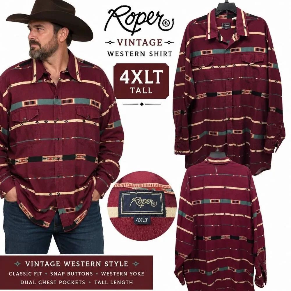 Vintage Roper Western Shirt Mens 4XLT Burgundy Aztec Snap Cowboy Tall USA